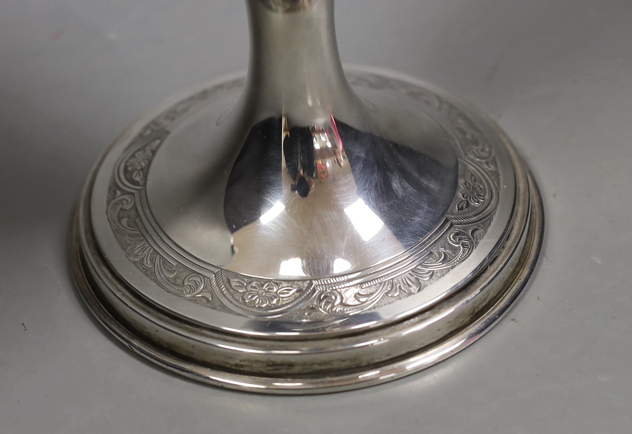 A North American sterling tall vase, with engraved decoration, 40.6cm, weighted.